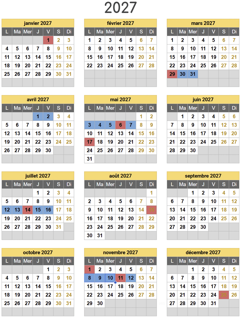 Optimiser ses congés 2027 avec une semaine classique lundi-vendredi