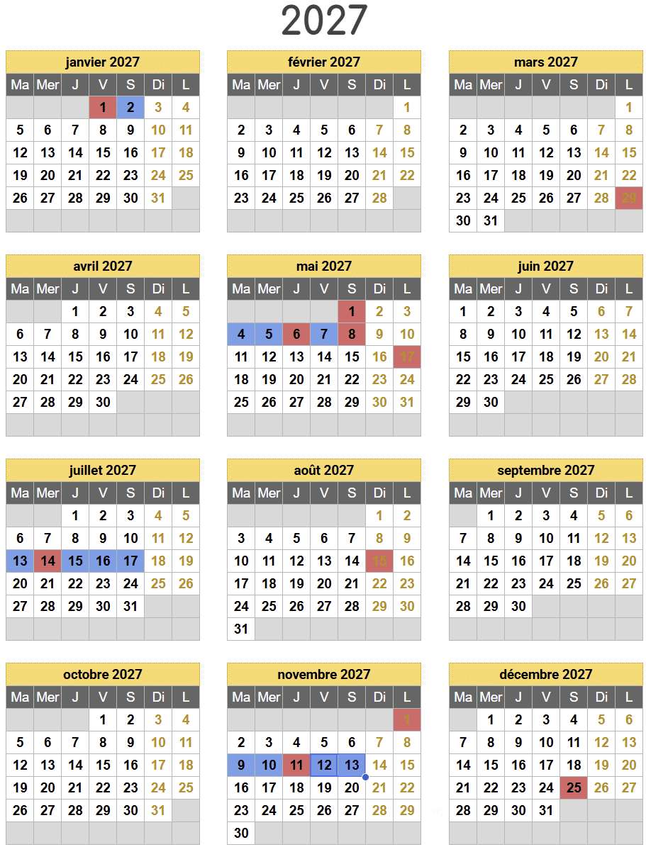 Optimiser ses congés 2027 avec une semaine mardi-samedi